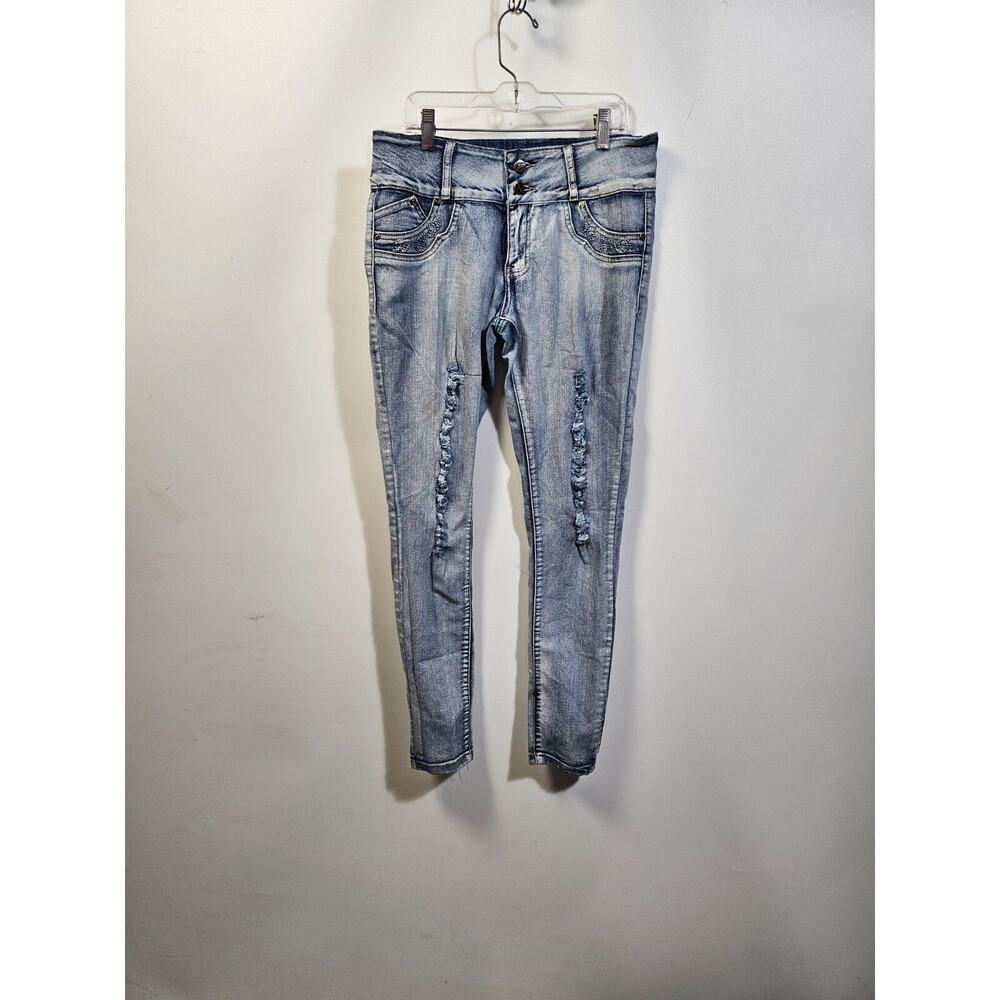 Alondra Women's Light fade Skinny Jeans Size 9, Distressed Two Button Jeans